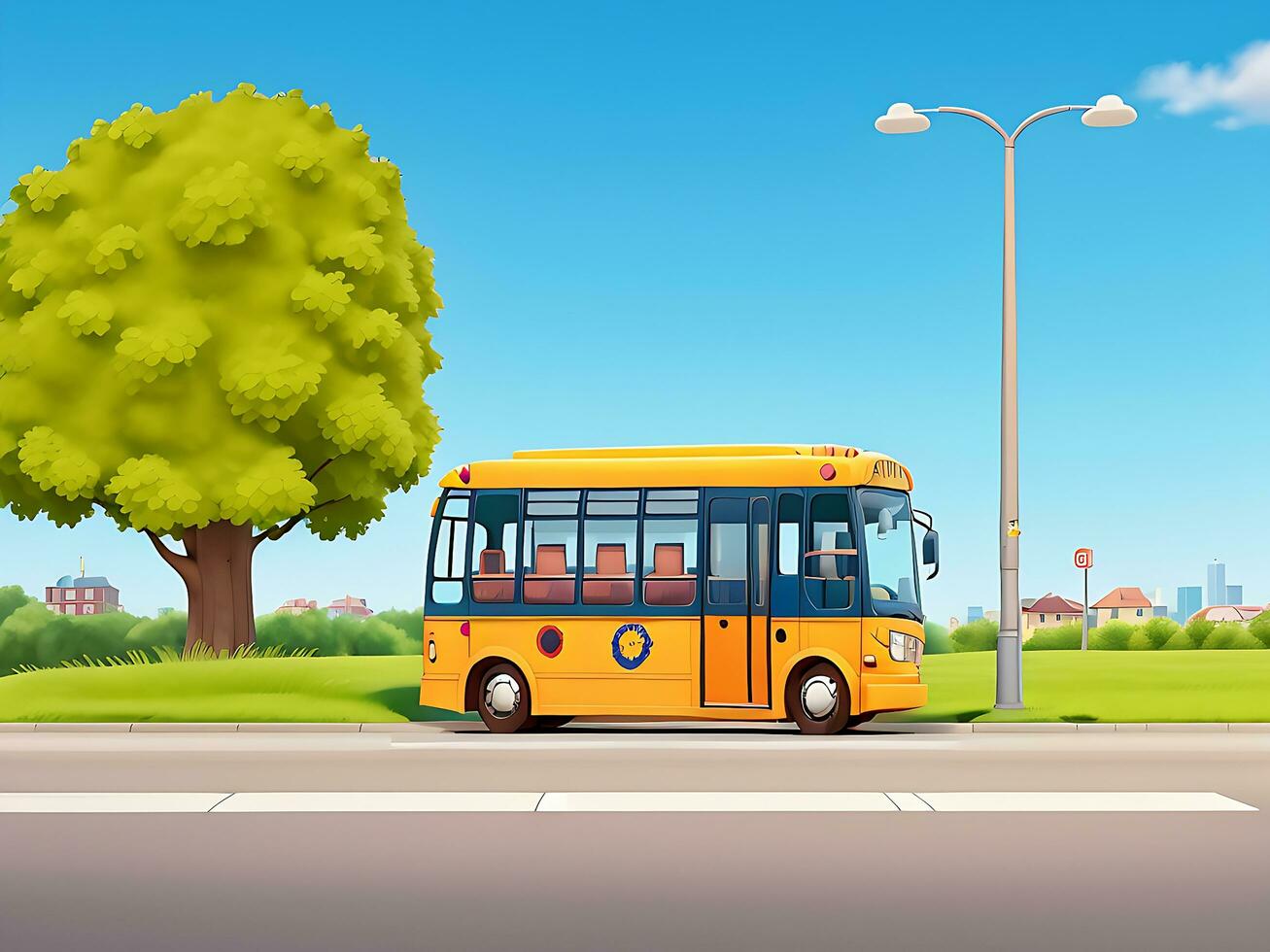 Street side scene with school bus on the road scene vector illustration, ai generated photo