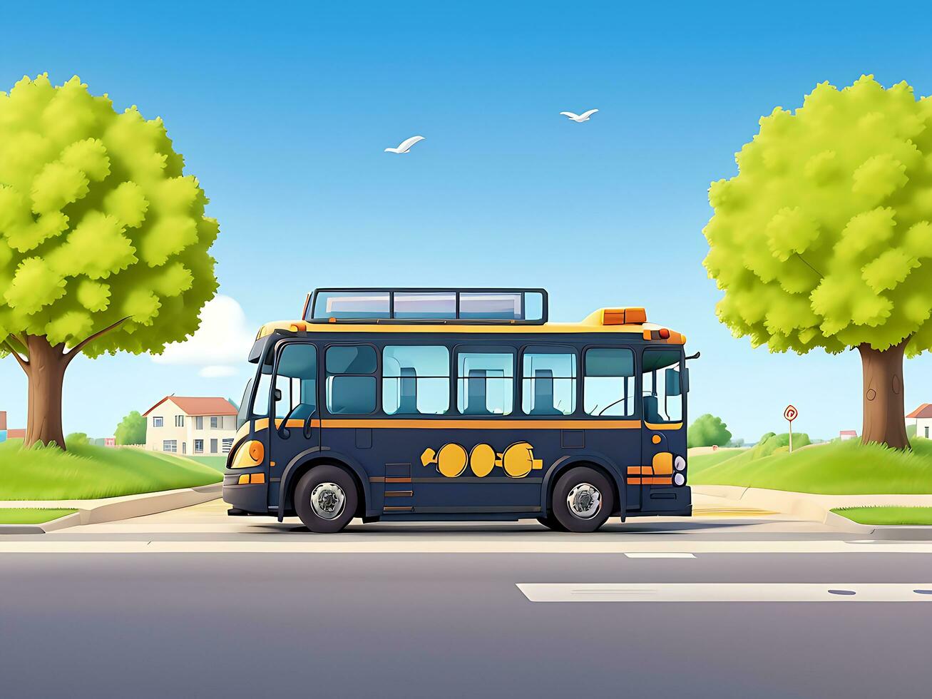 Street side scene with school bus on the road scene vector illustration, ai generated photo