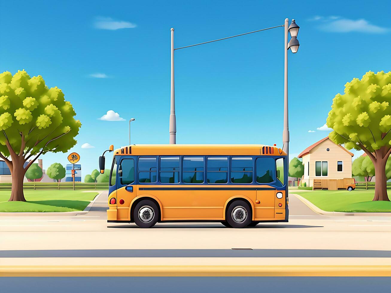 calle lado escena con colegio autobús en el la carretera escena vector ilustración, ai generado foto