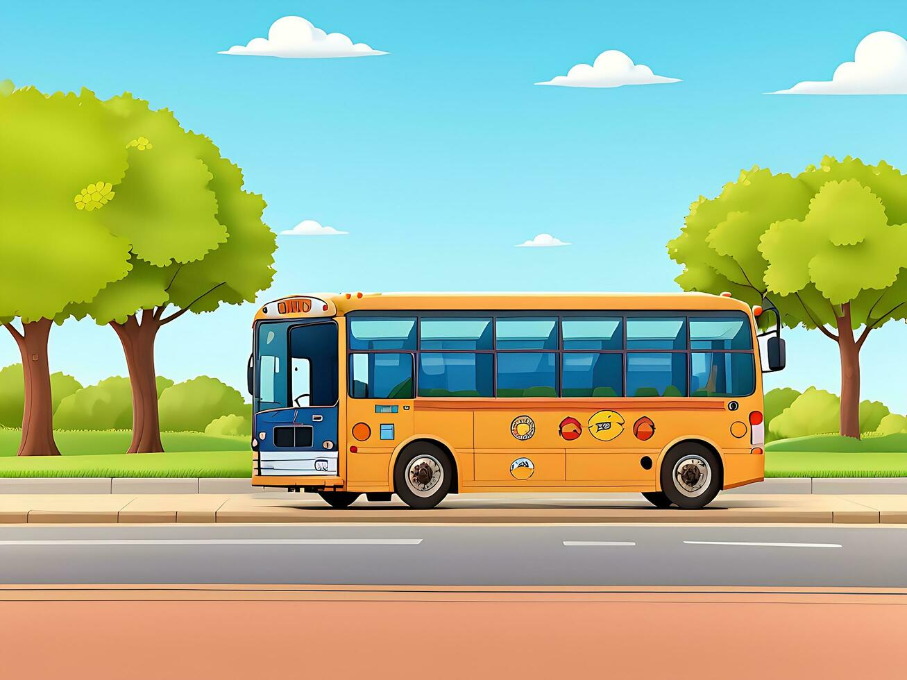 Street side scene with school bus on the road scene vector illustration, ai generated photo