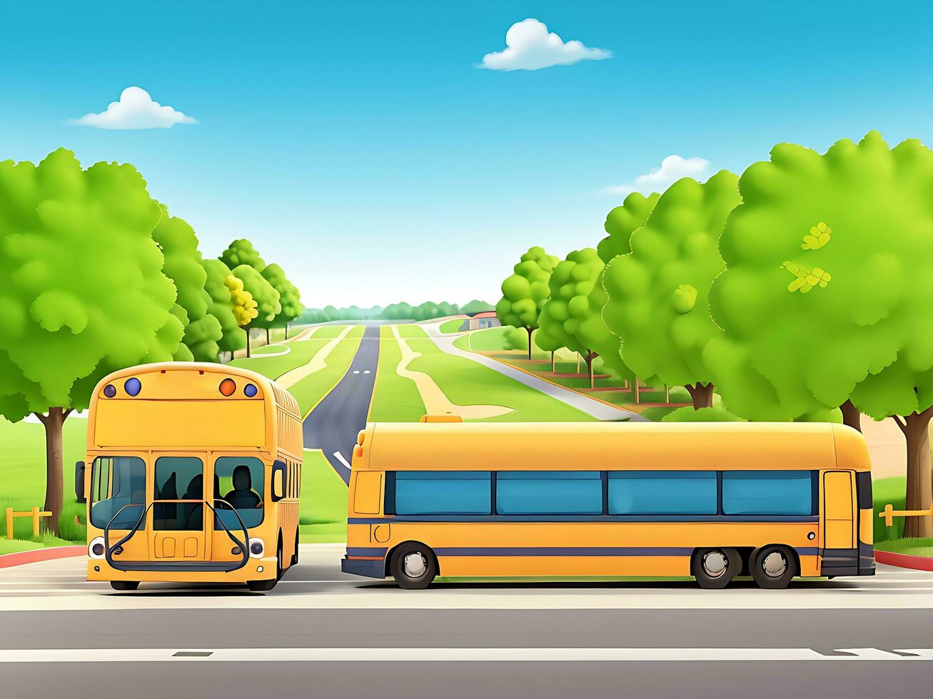 Street side scene with school bus on the road scene vector illustration, ai generated photo