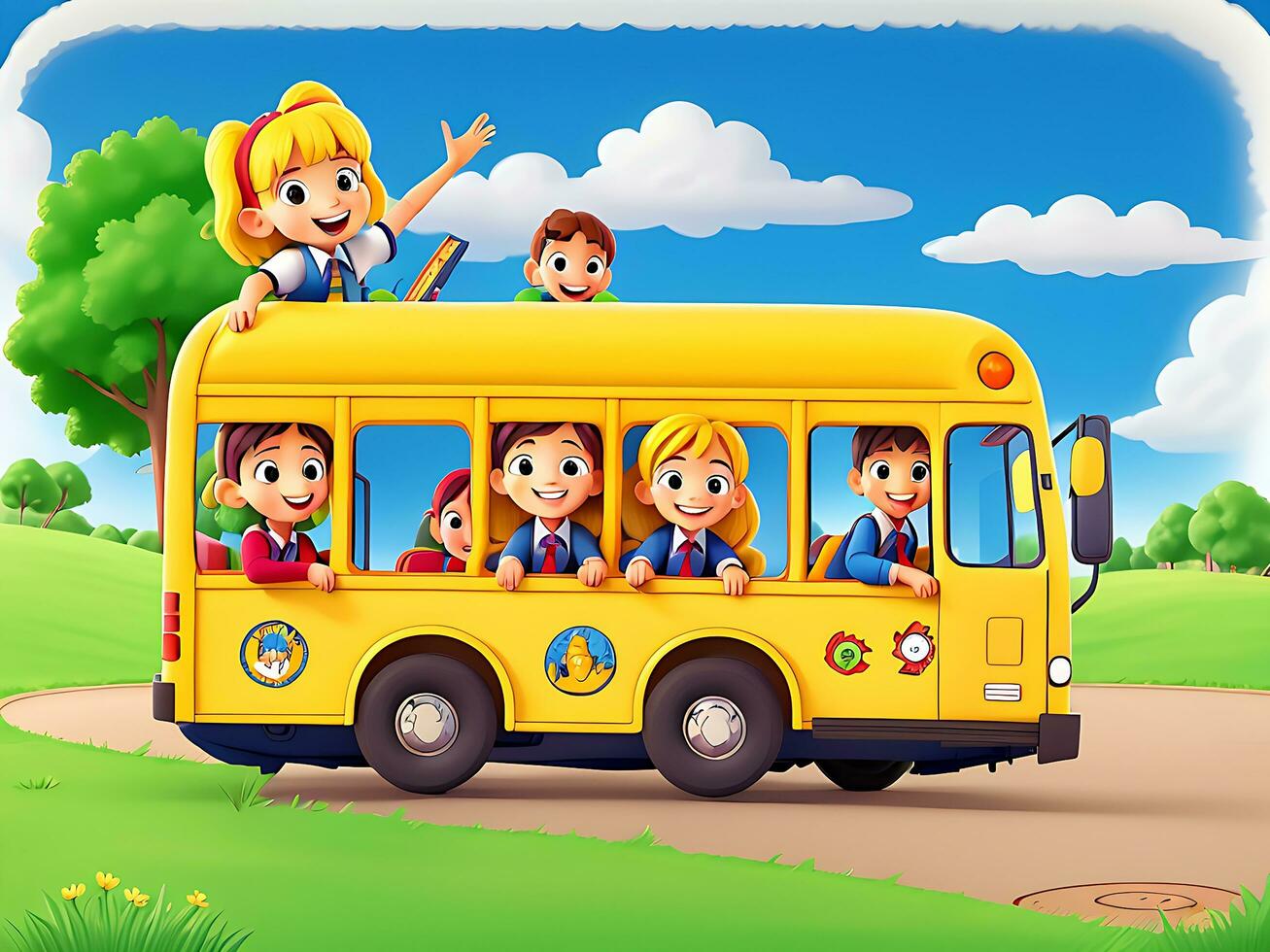 Happy children on school bus in the park, ai generated photo