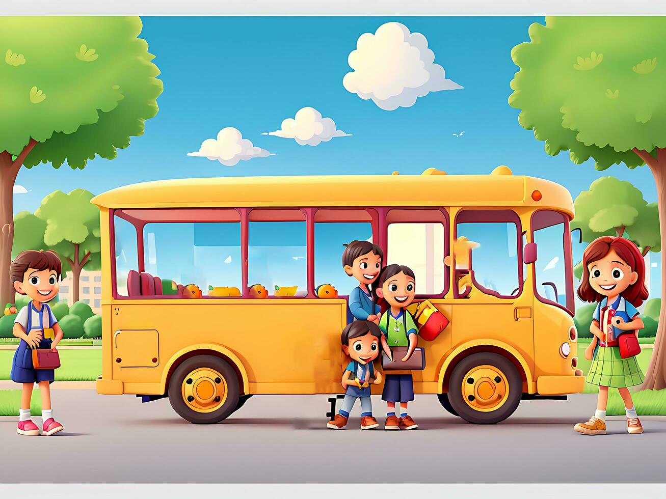 Happy children on school bus in the park, ai generated photo