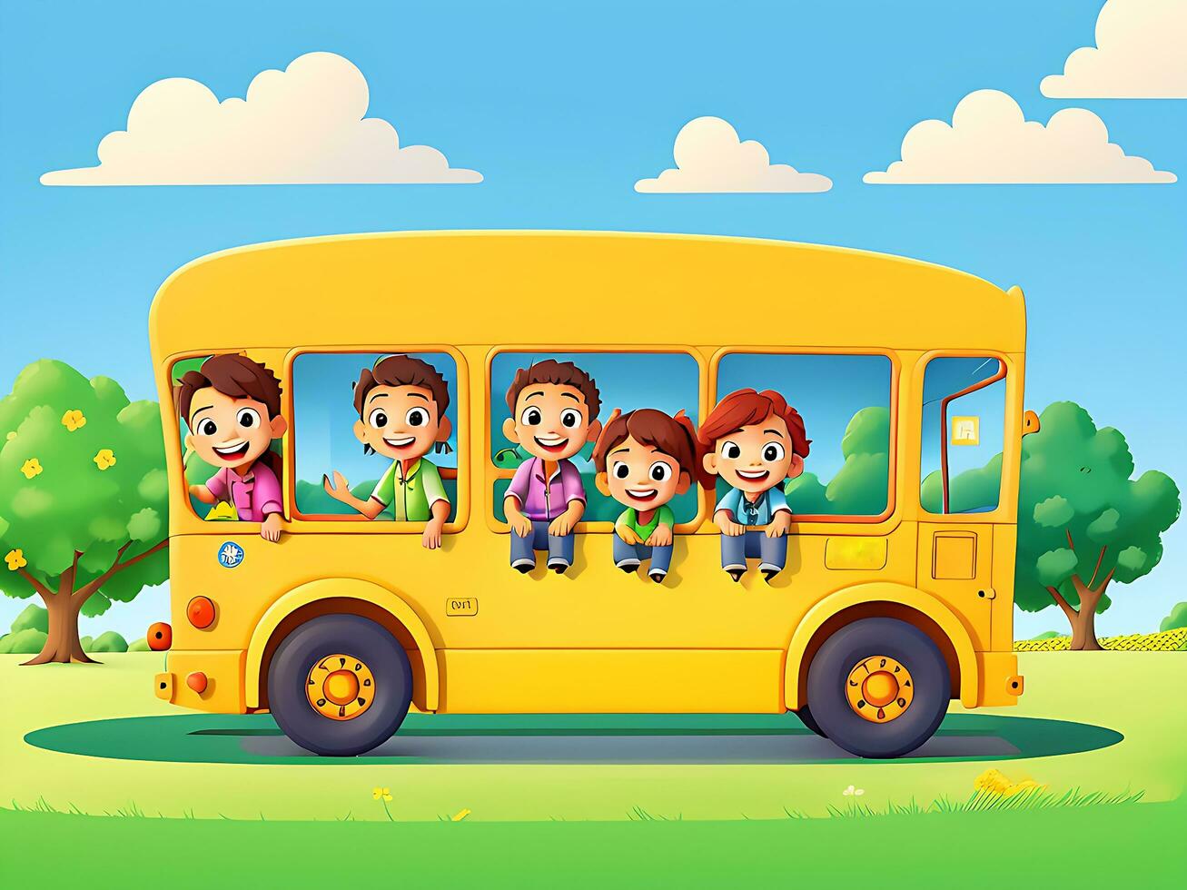 Happy children on school bus in the park, ai generated photo