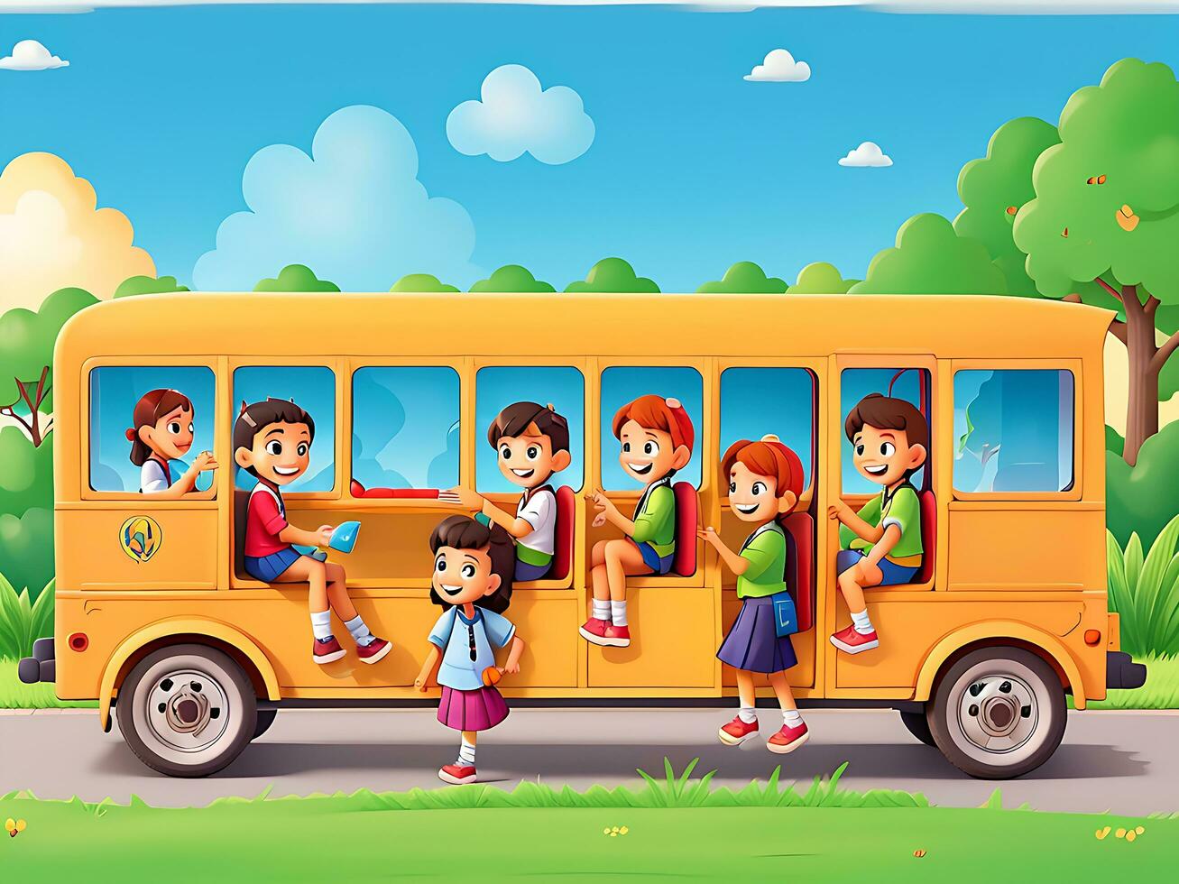 Happy children on school bus in the park, ai generated photo
