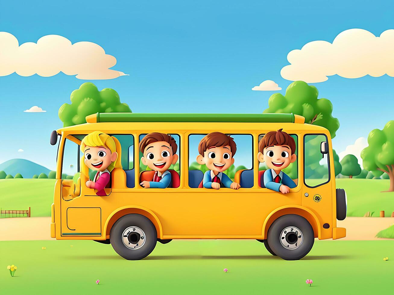 Happy children on school bus in the park, ai generated photo