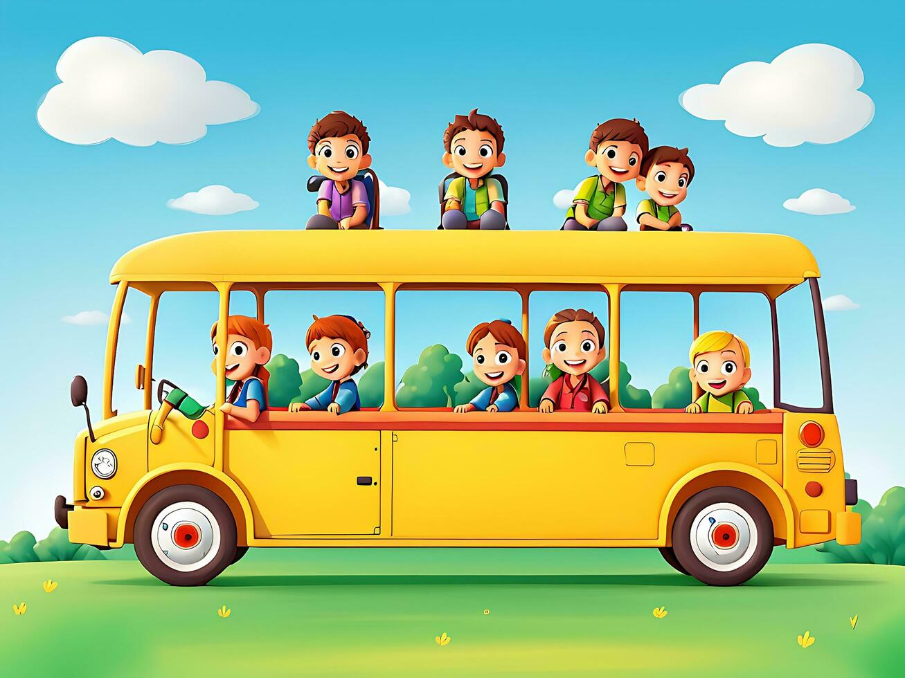 Happy children on school bus in the park, ai generated photo