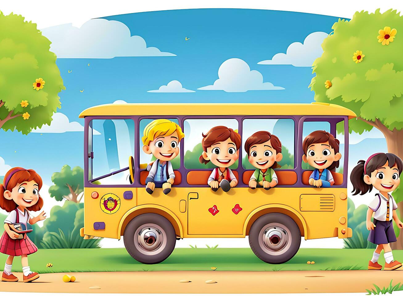 Happy children on school bus in the park, ai generated photo