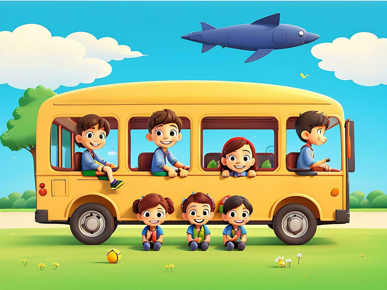 Happy children on school bus in the park, ai generated photo