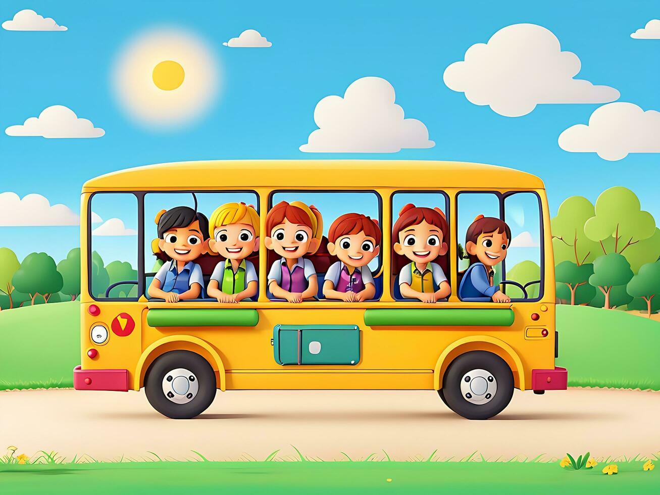 Happy children on school bus in the park, ai generated photo