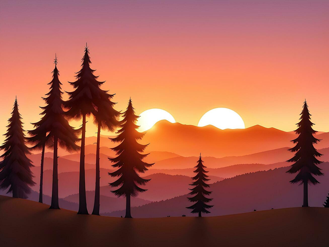 Sunset and silhouettes of trees in the mountains background, ai generated photo
