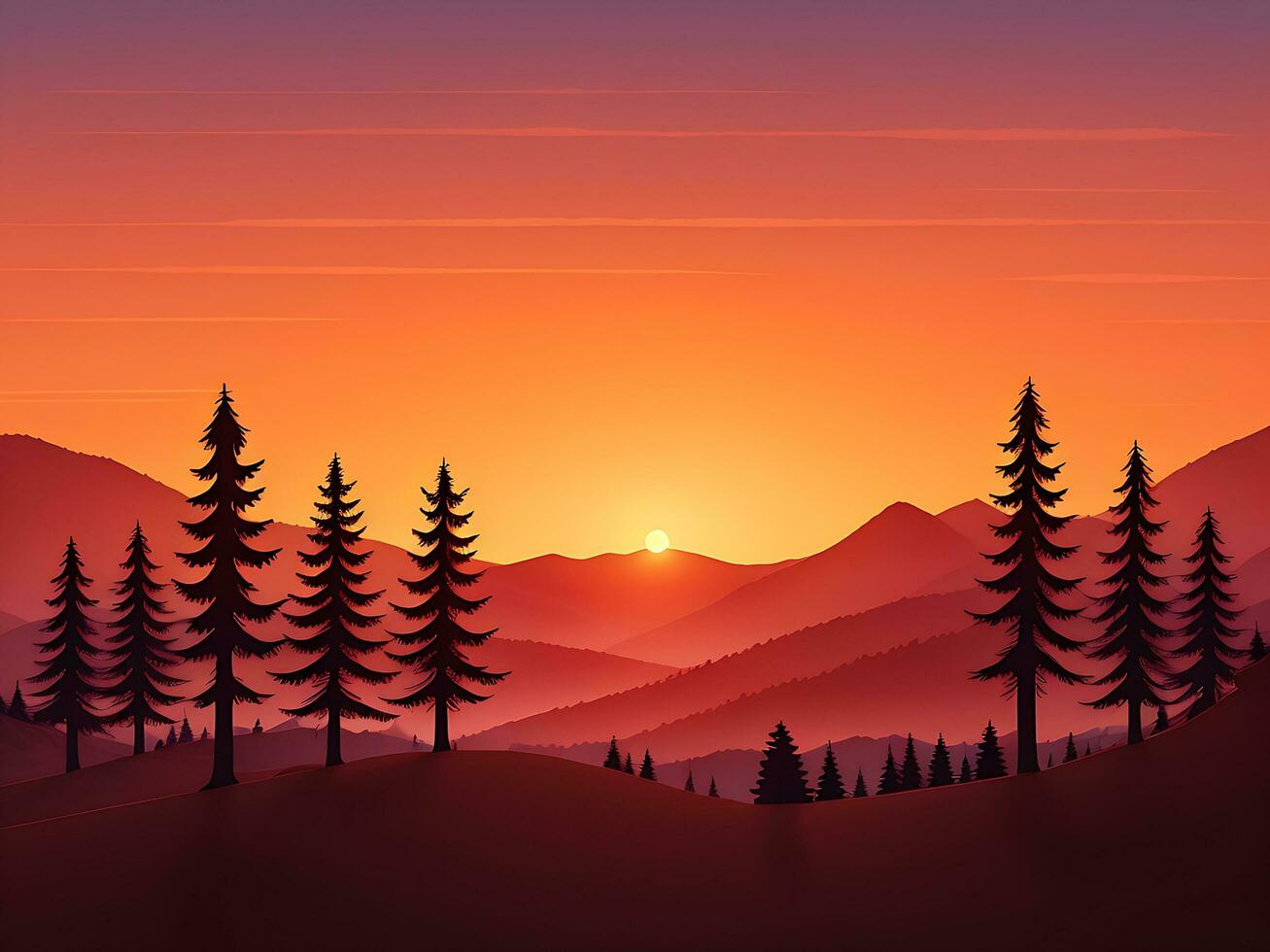 Sunset and silhouettes of trees in the mountains background, ai generated photo