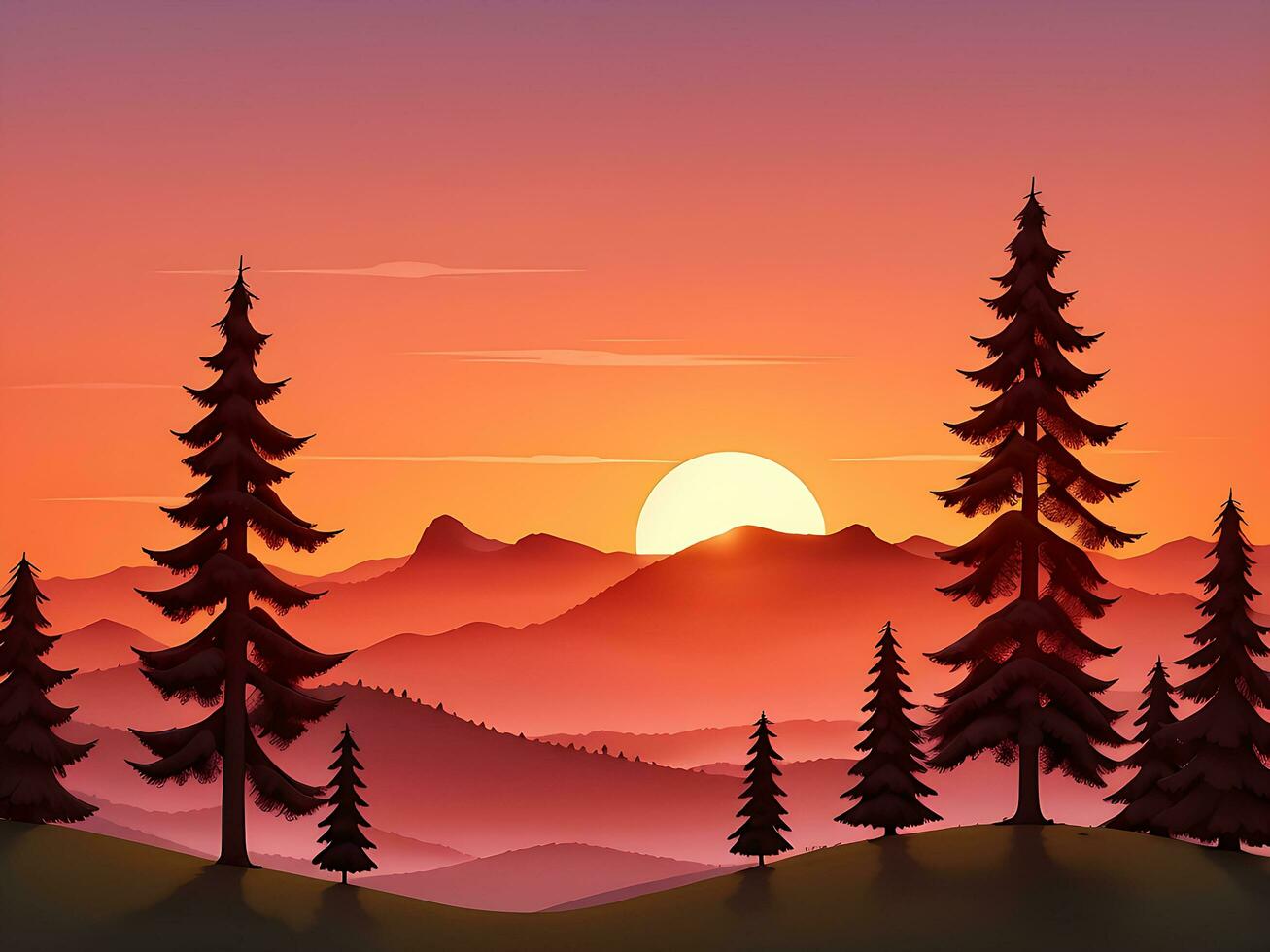 Sunset and silhouettes of trees in the mountains background, ai generated photo