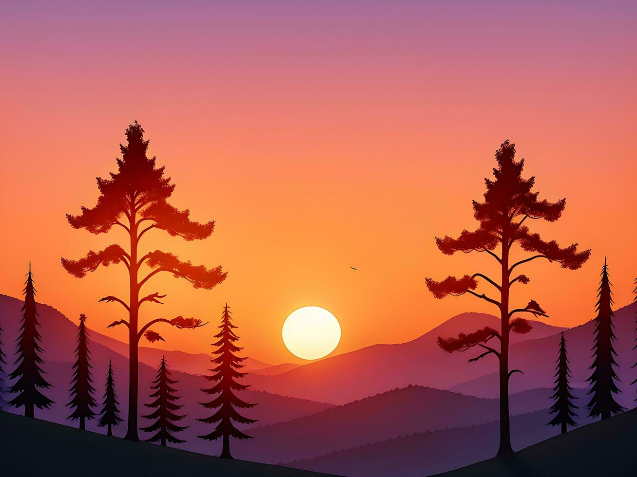 Sunset and silhouettes of trees in the mountains background, ai generated photo