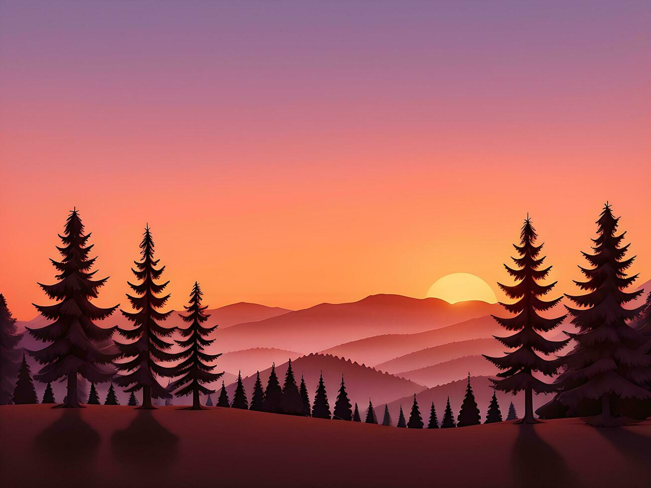 Sunset and silhouettes of trees in the mountains background, ai generated photo