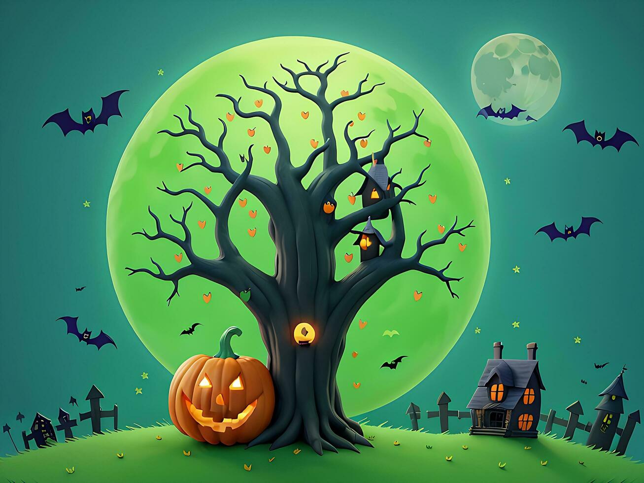Happy halloween witch house pumpkin tree and moon with happy face on green dark night background, catton illustration, ai generated photo