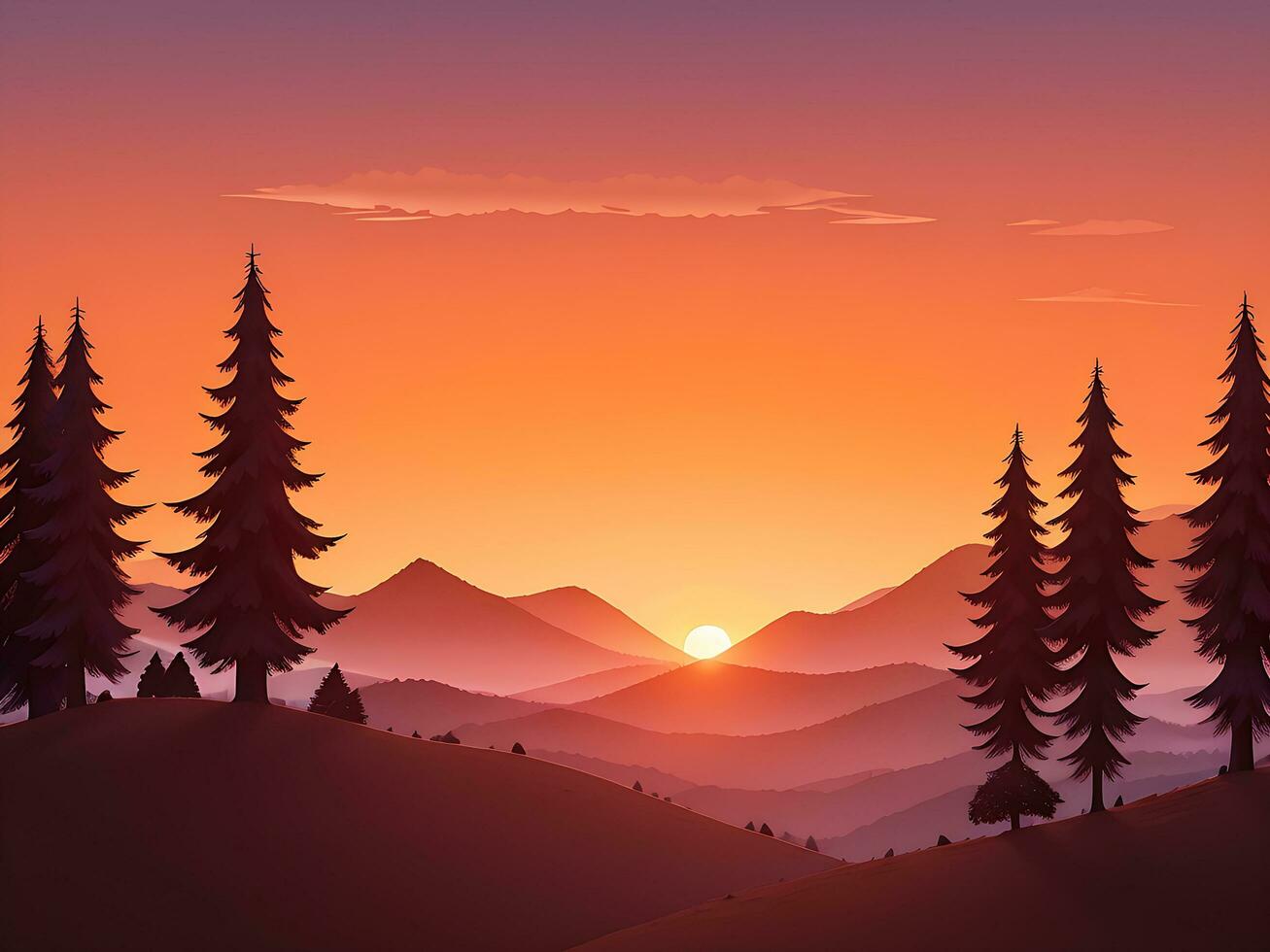 Sunset and silhouettes of trees in the mountains background, ai generated photo