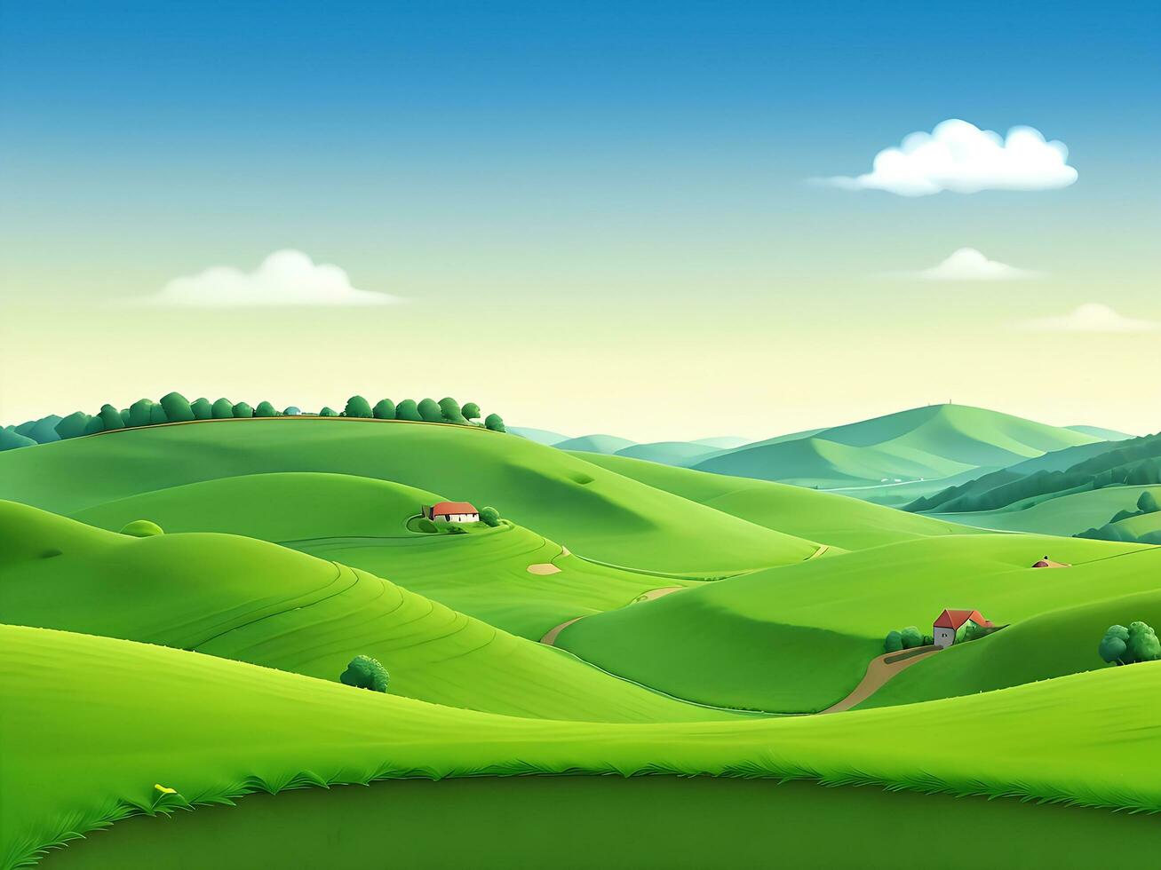 Natural evening landscape with green hills, catton illustration, ai generated photo