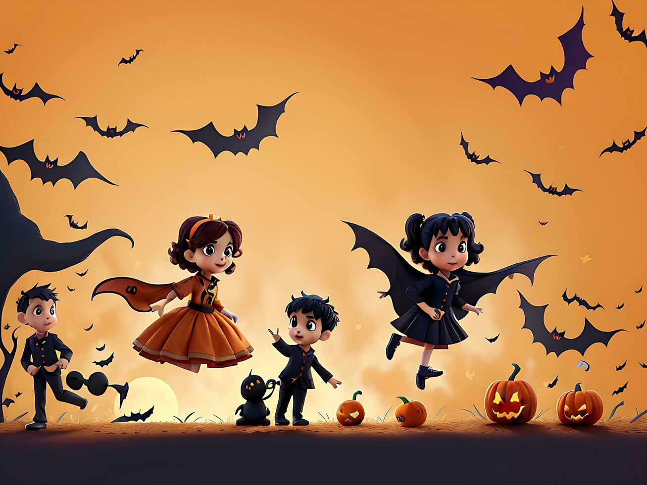 Illustration of halloween background with silhouettes of children trick in halloween costume. ai generated photo