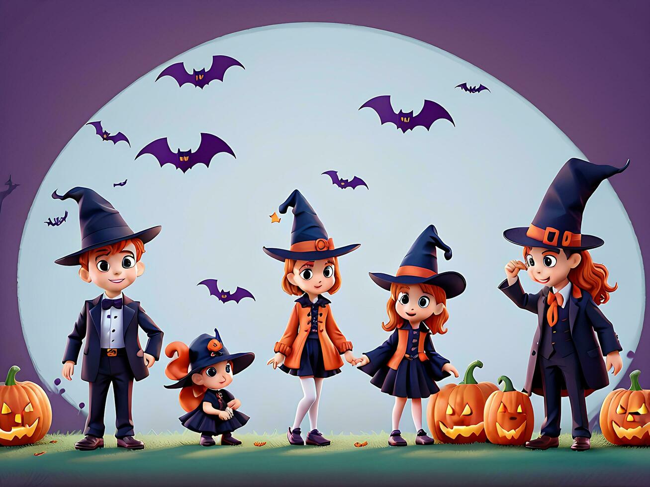 Illustration of halloween background with silhouettes of children trick in halloween costume. ai generated photo