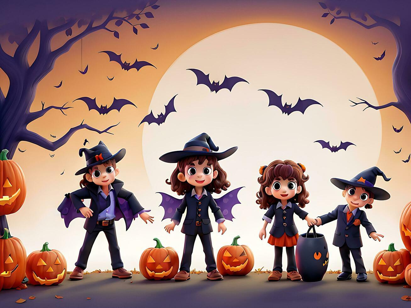 Illustration of halloween background with silhouettes of children trick in halloween costume. ai generated photo