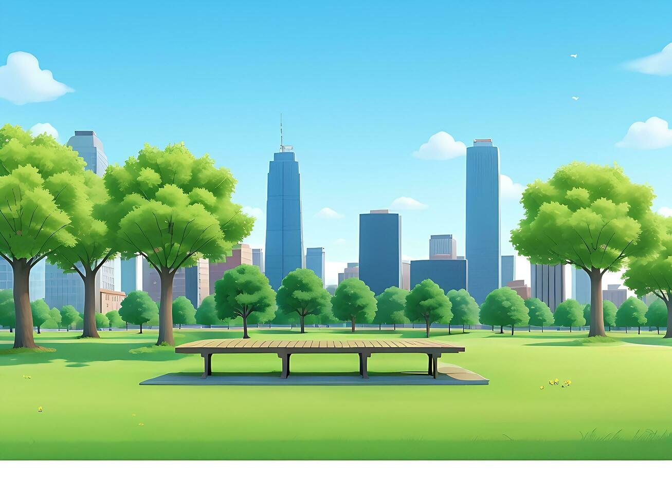 City park with wooden picnic tables and benches, green trees, flowering grass and city buildings on the skyline. ai generated photo