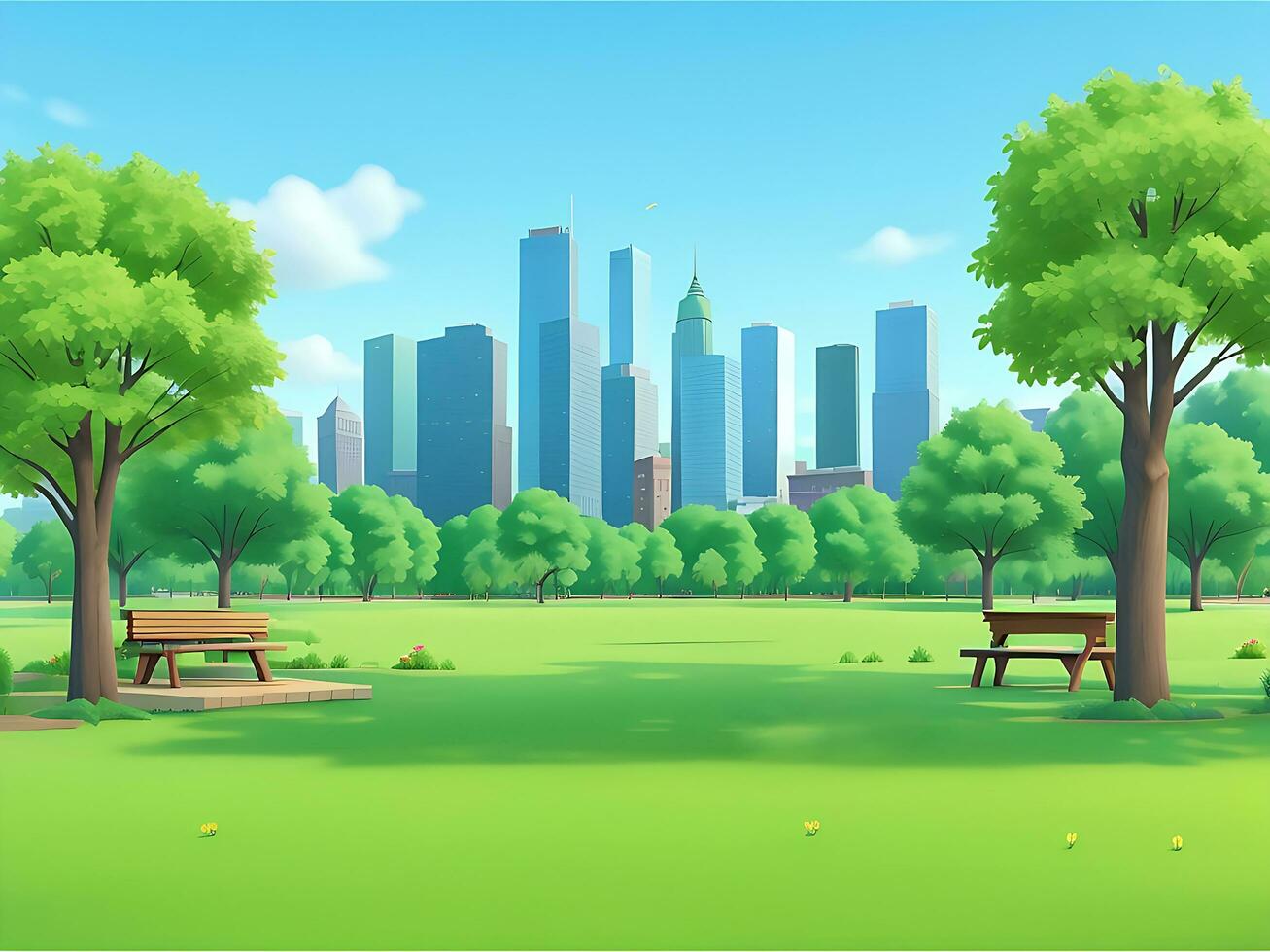City park with wooden picnic tables and benches, green trees, flowering grass and city buildings on the skyline. ai generated photo