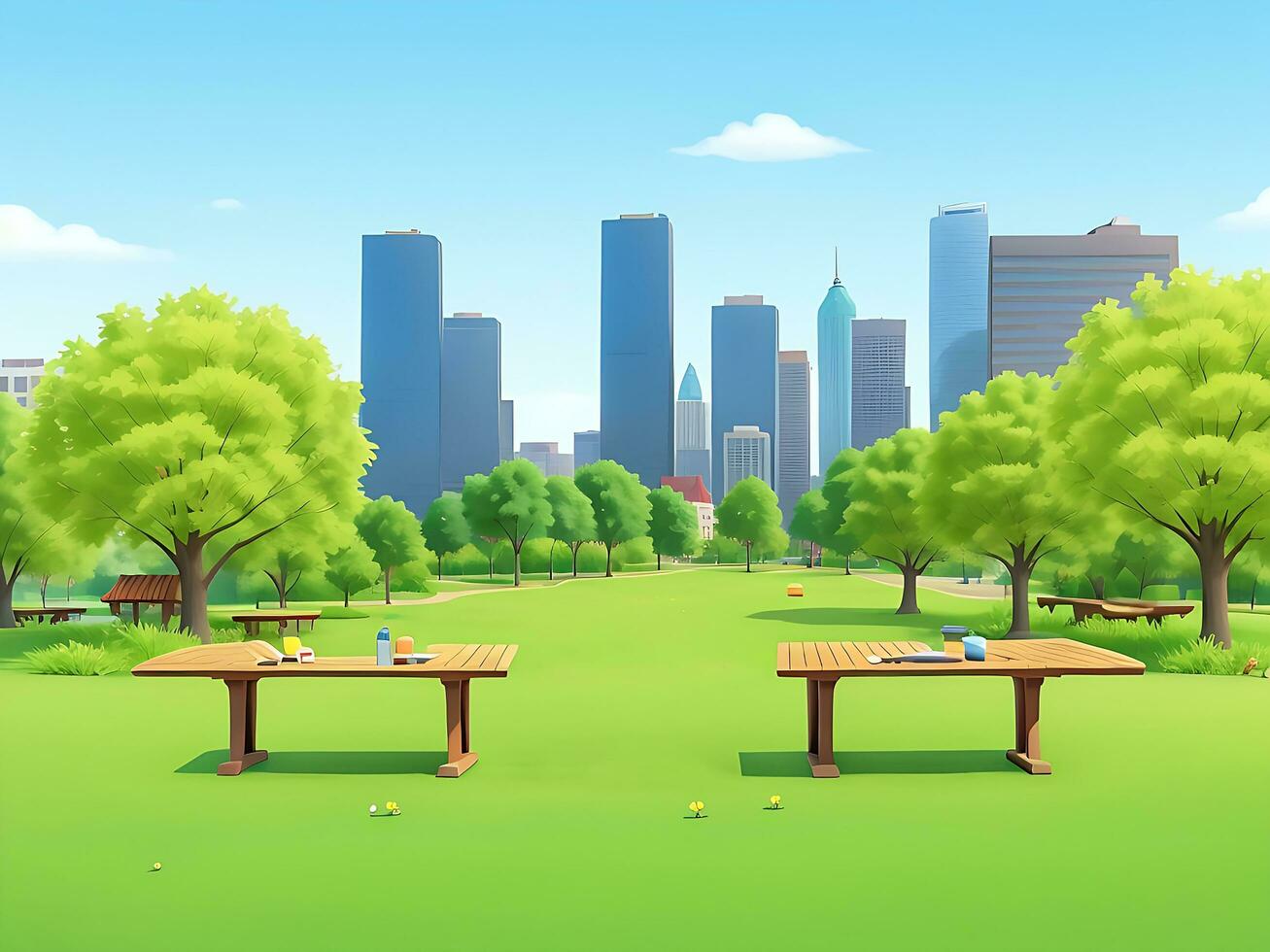 City park with wooden picnic tables and benches, green trees, flowering grass and city buildings on the skyline. ai generated photo