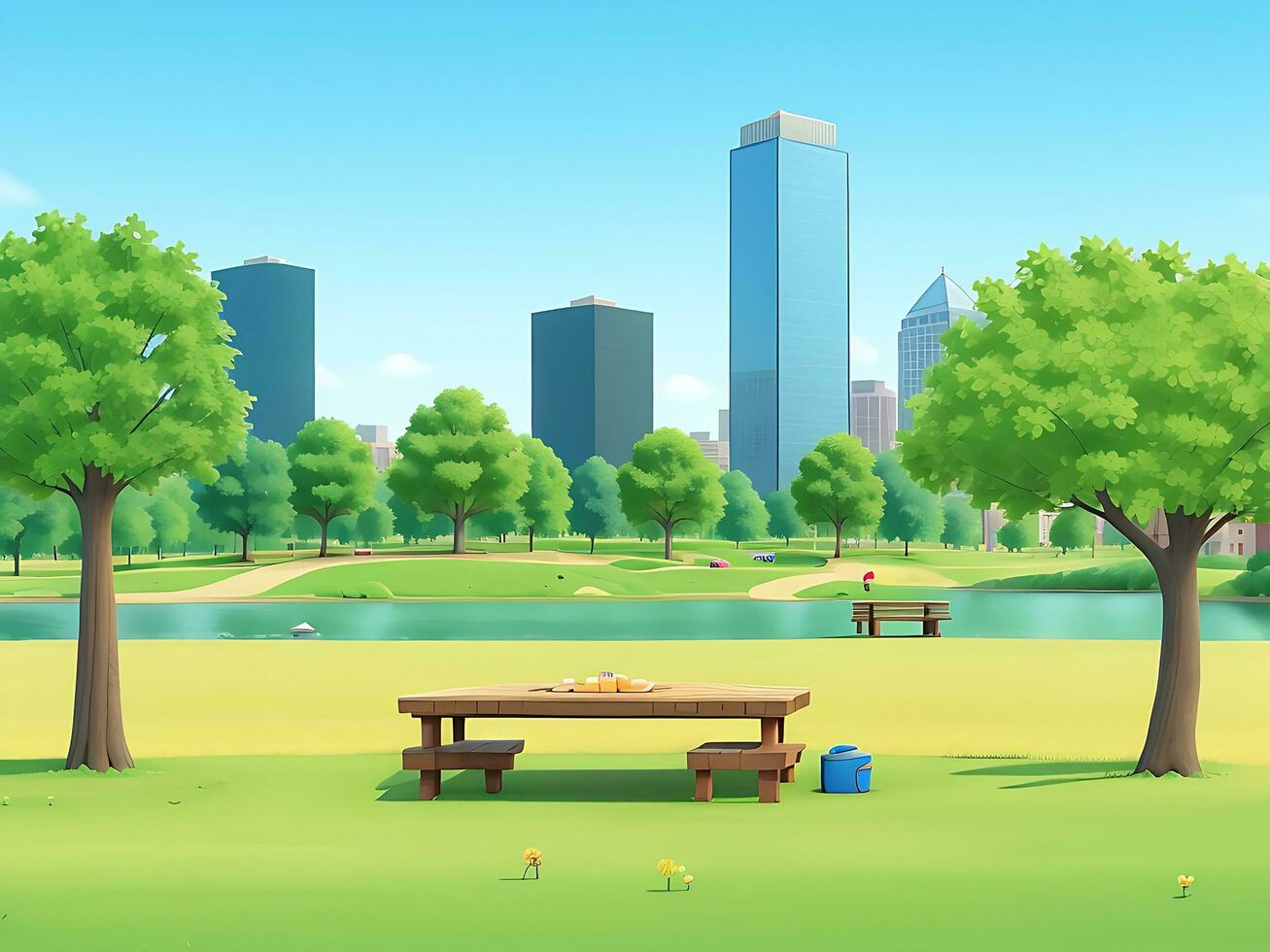 City park with wooden picnic tables and benches, green trees, flowering grass and city buildings on the skyline. ai generated photo