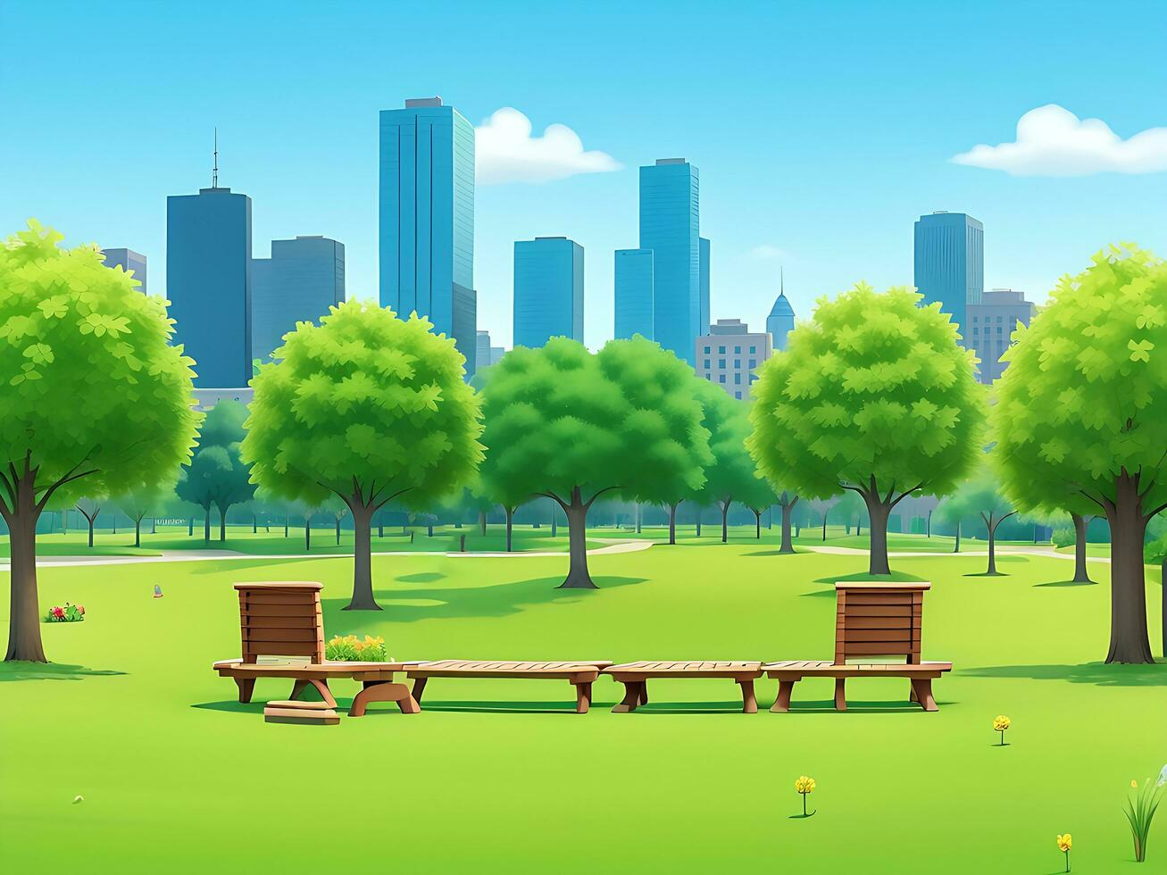 City park with wooden picnic tables and benches, green trees, flowering grass and city buildings on the skyline. ai generated photo