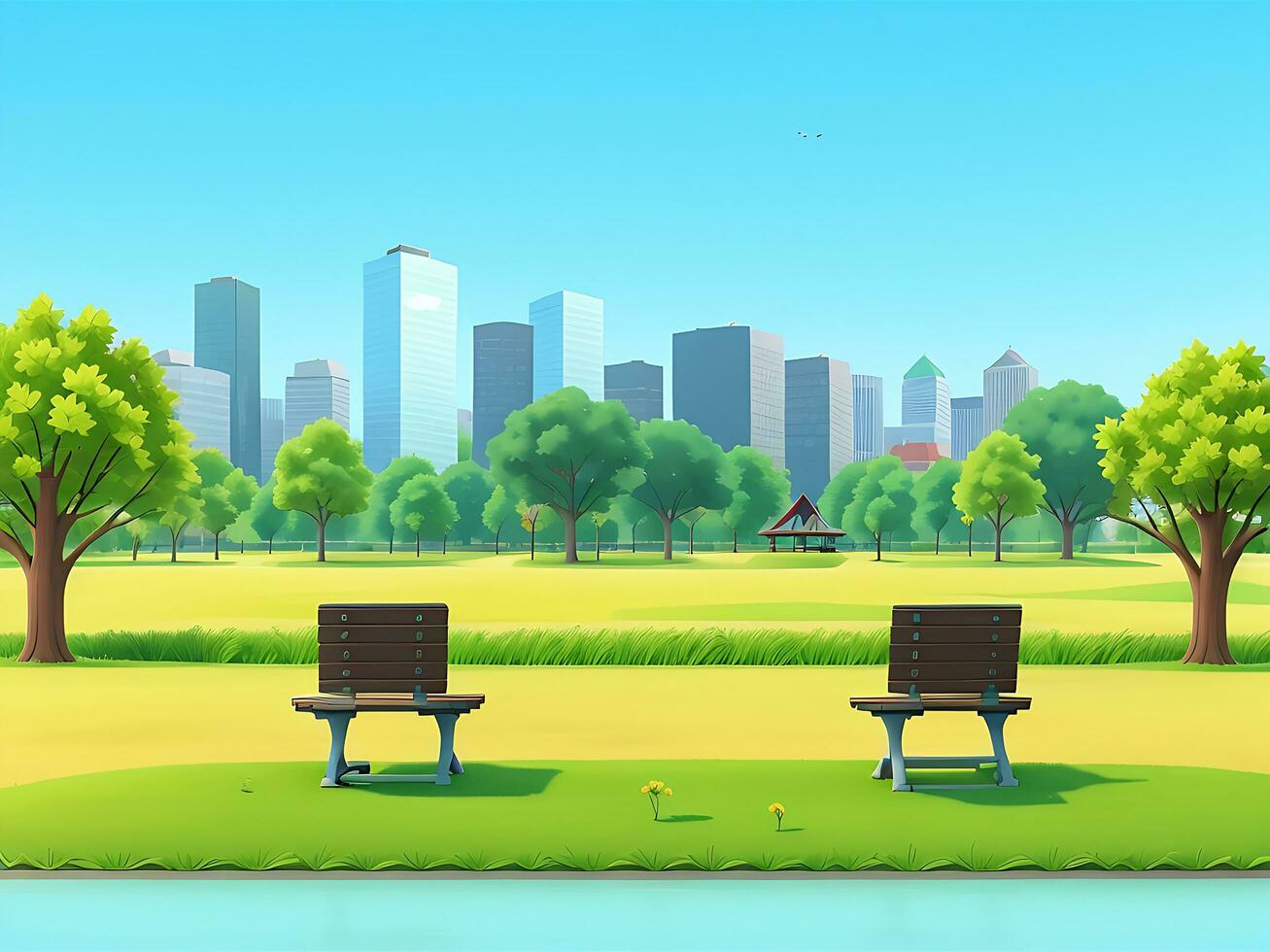 City park with wooden picnic tables and benches, green trees, flowering grass and city buildings on the skyline. ai generated photo