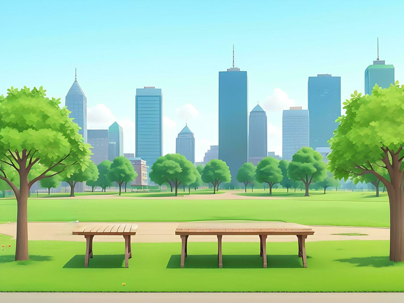 City park with wooden picnic tables and benches, green trees, flowering grass and city buildings on the skyline. ai generated photo