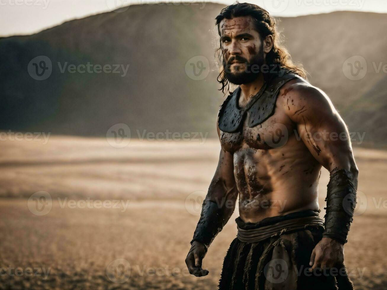 photo of ancient barbarian male warrior stained , generative AI