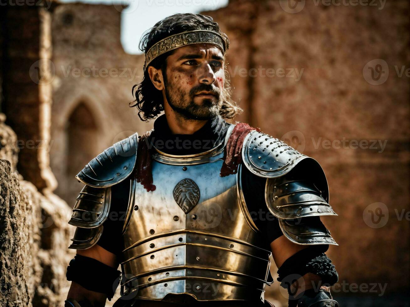 photo of strong ancient male warrior with roman armor stained, generative AI