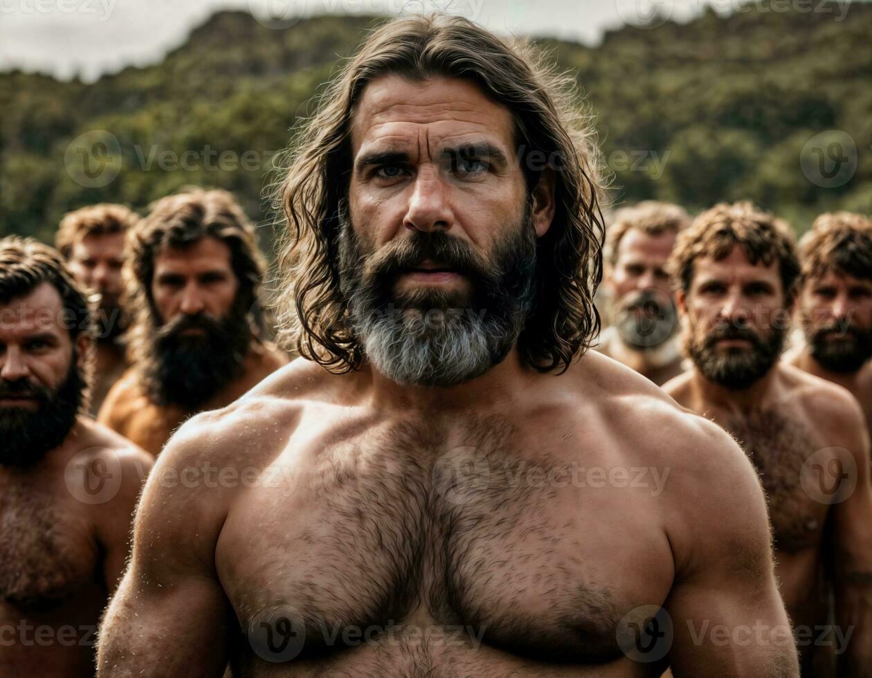 photo of group of strong caveman gang, generative AI