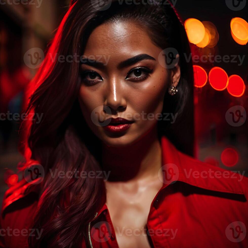 photo of woman in red cloth at street night with light,