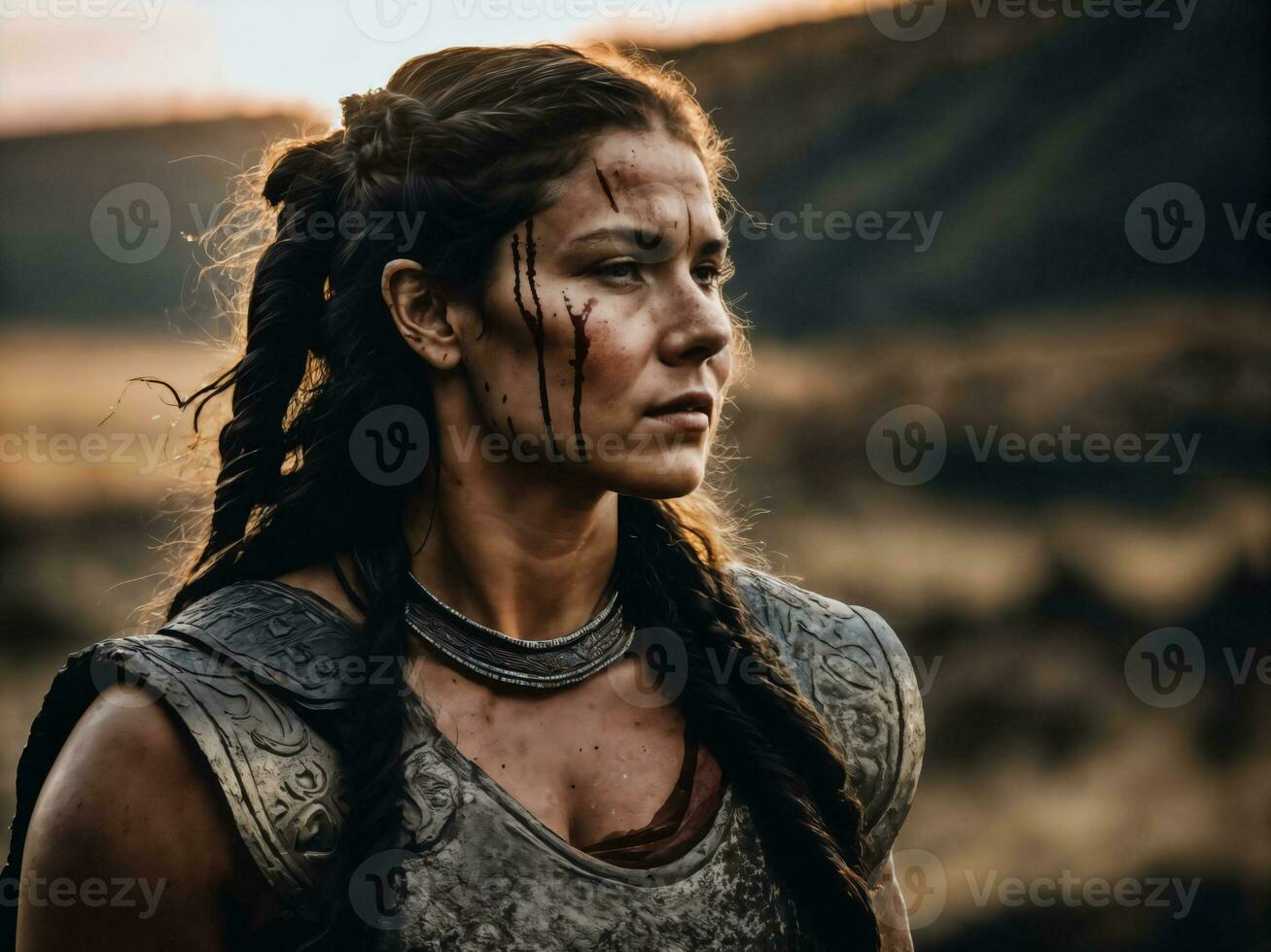 photo of ancient barbarian female warrior stained , generative AI