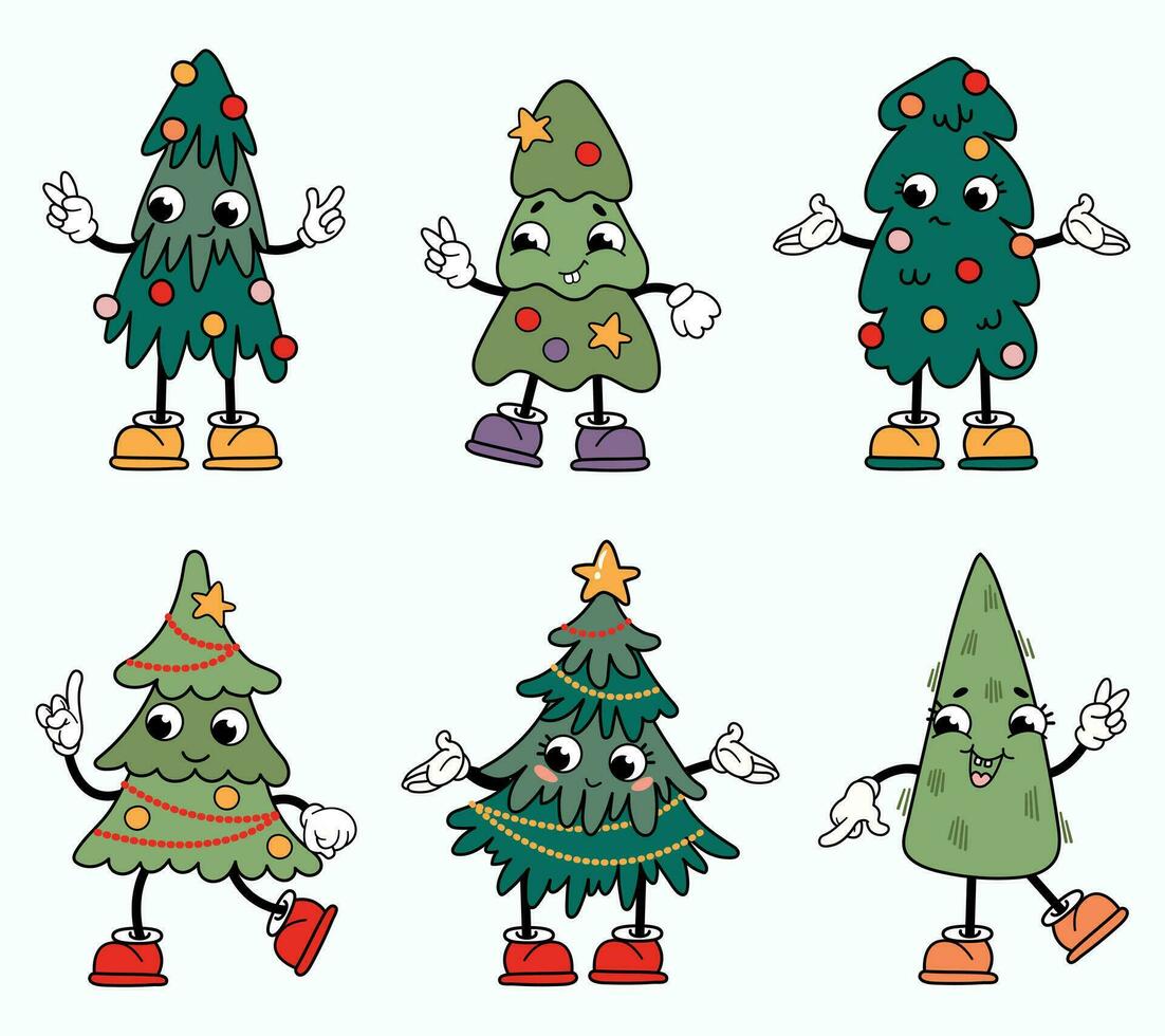 Cute Christmas trees in retro style. Christmas trees Kawaii. White background, isolate. vector