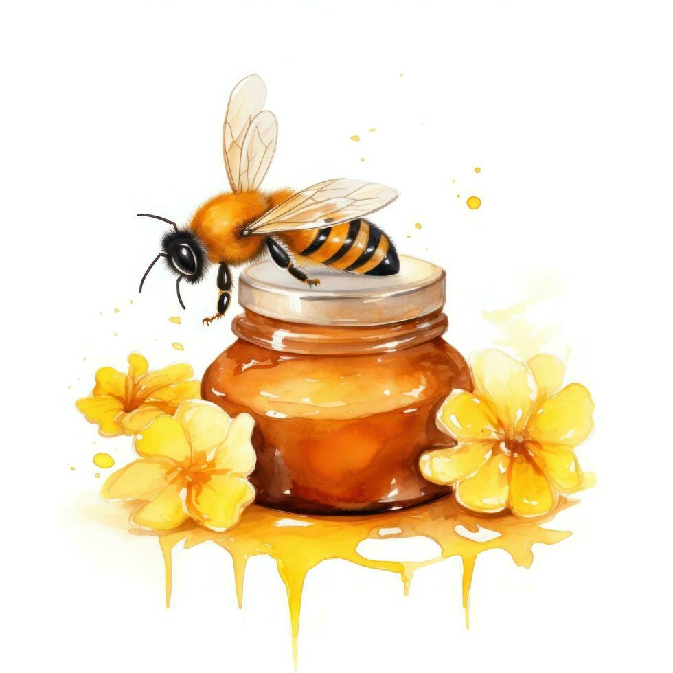 Watercolor bee with honey photo