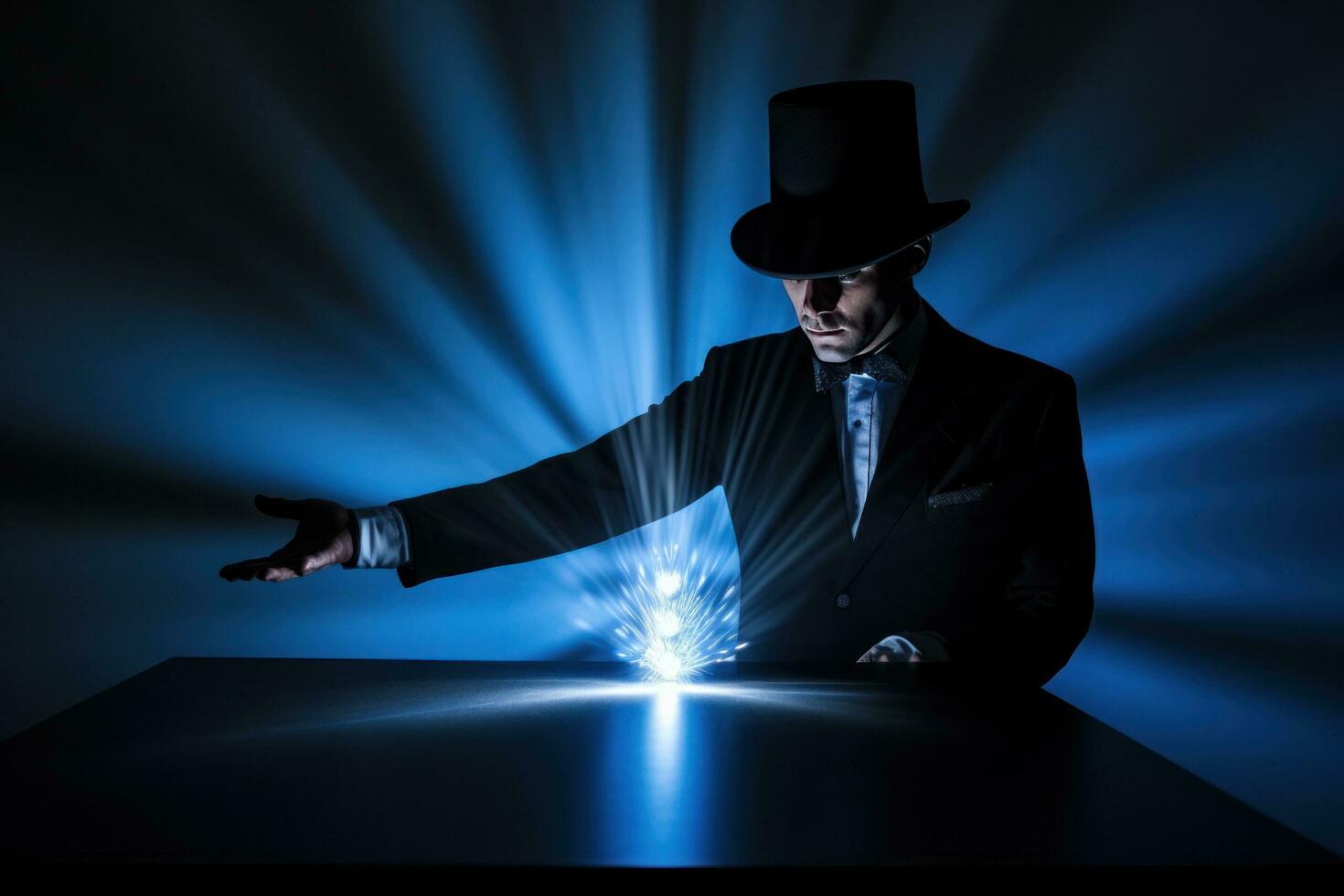 A magician showing magic tricks around a magic hat photo