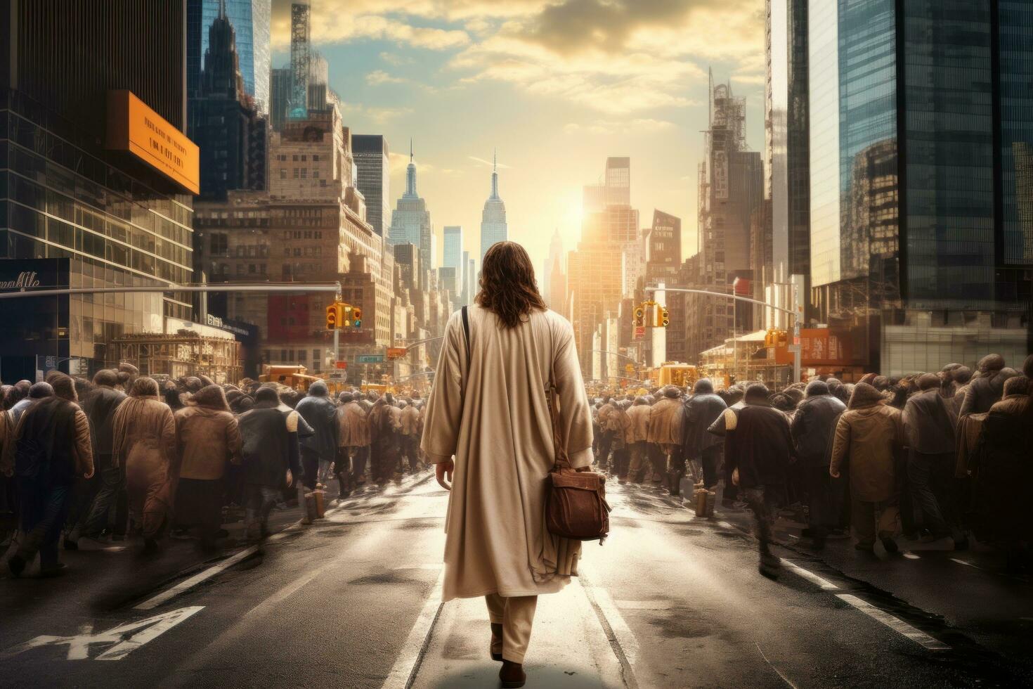 Jesus is standing in a crosswalk with a cab photo