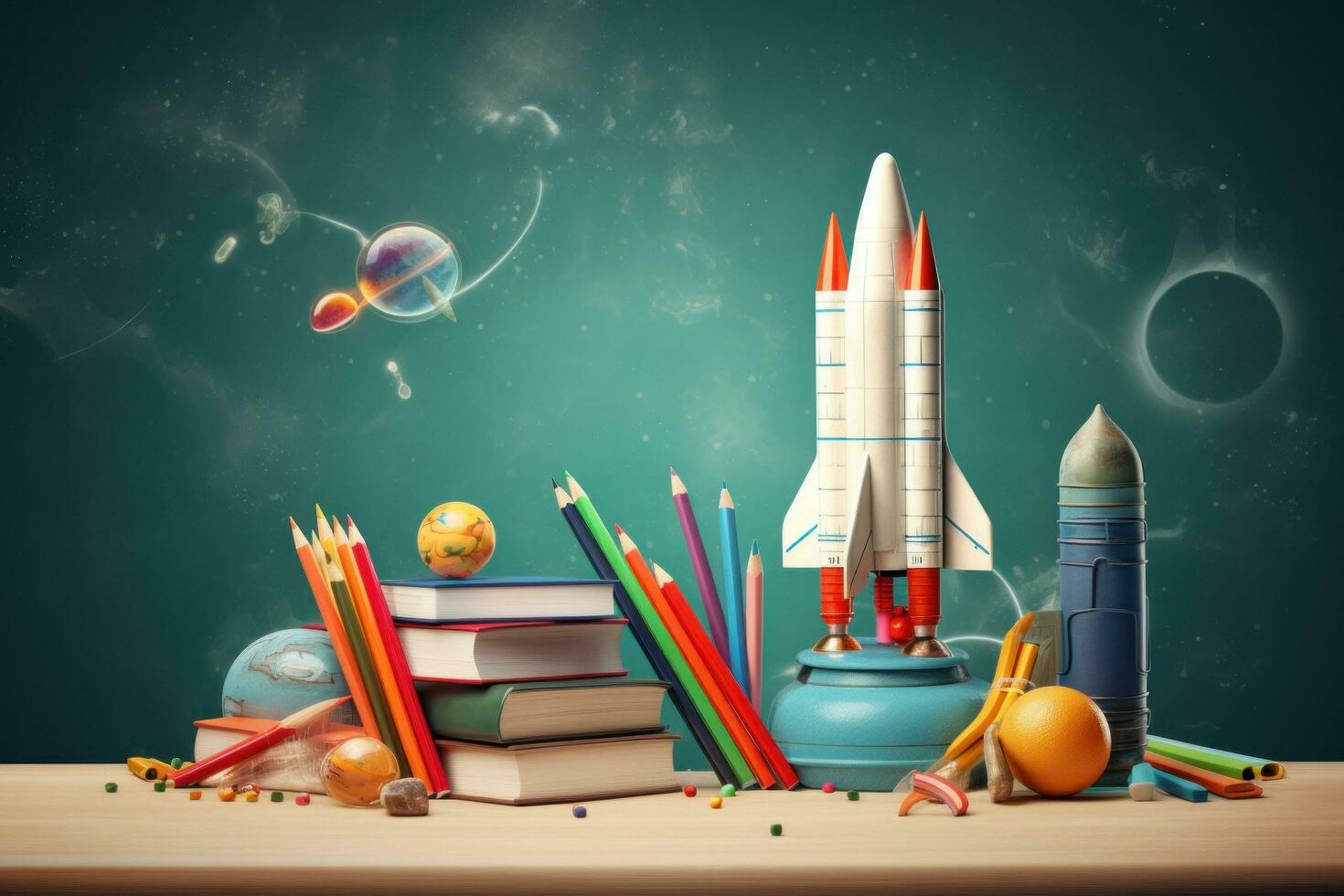 Start of school concept with rocket photo