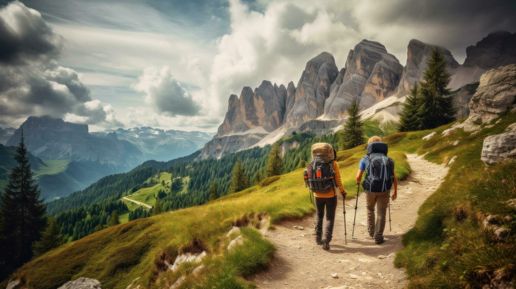 Hiking in the dolomites with backpacks on the trail photo