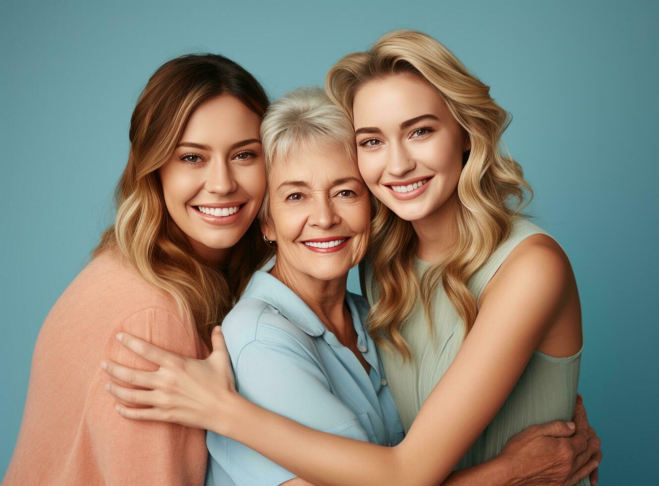 A young lady embraces her grandmother while smiling photo