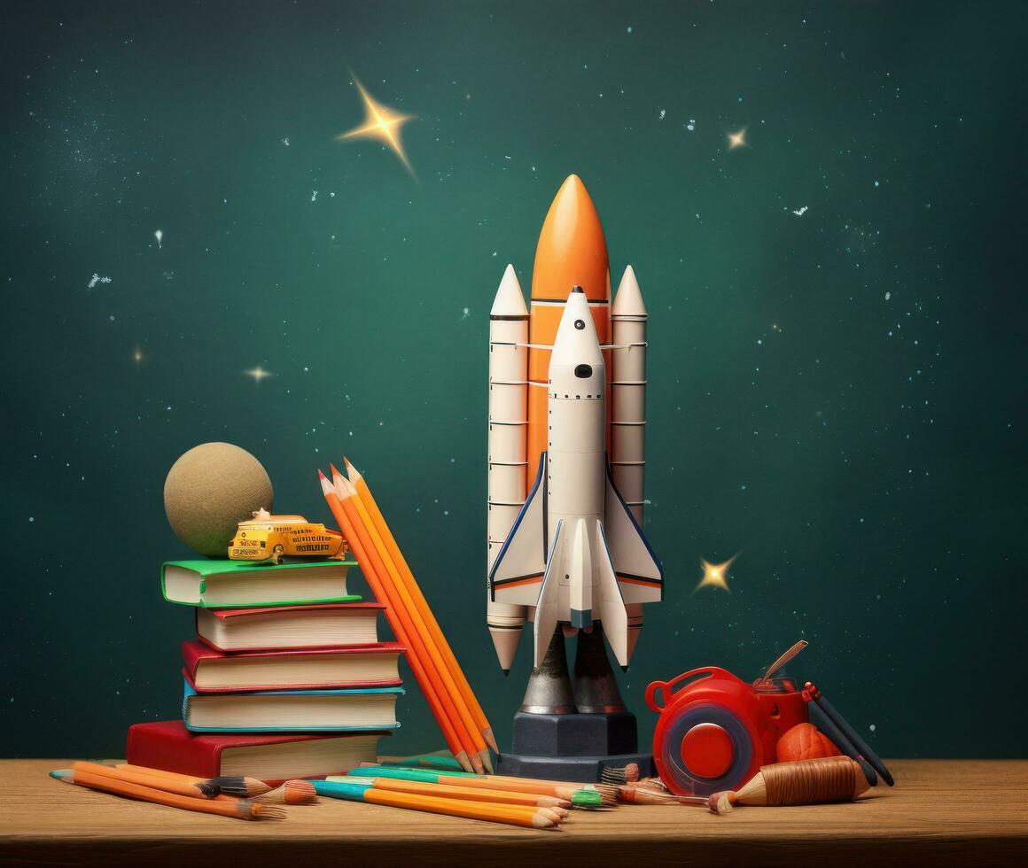 Start of school concept with rocket photo