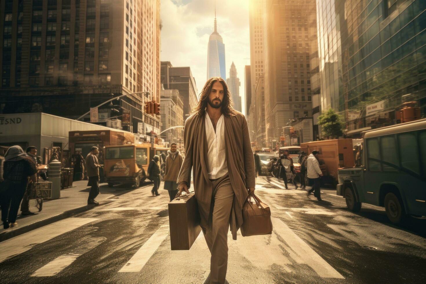 Jesus is standing in a crosswalk with a cab photo