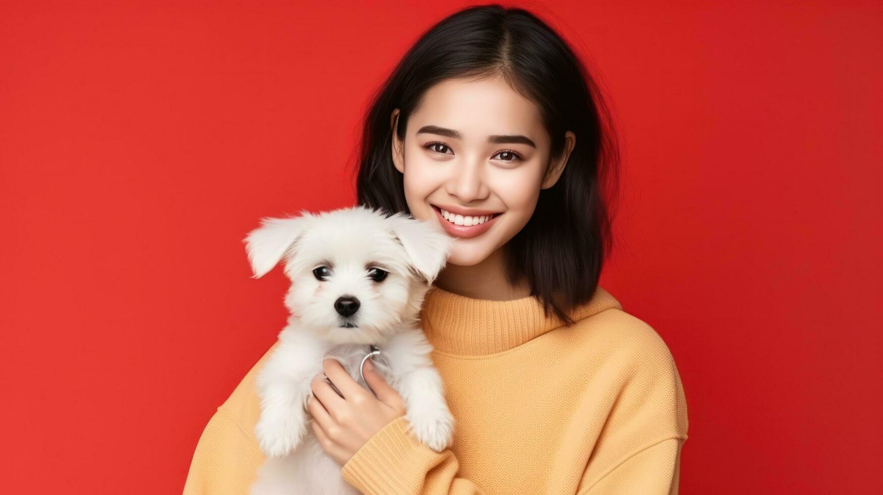 Happy girl with cute little puppy photo