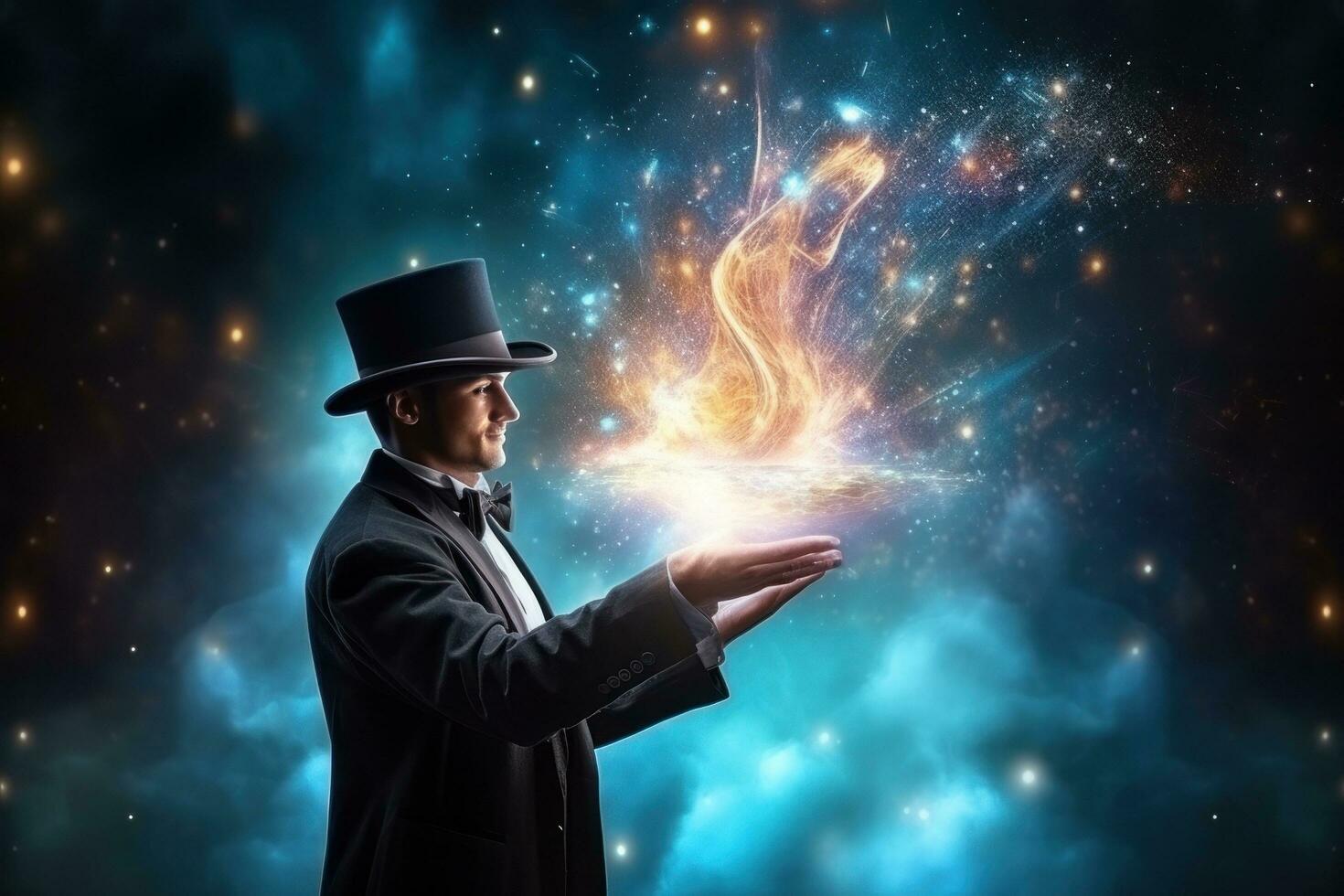 A magician showing magic tricks around a magic hat photo