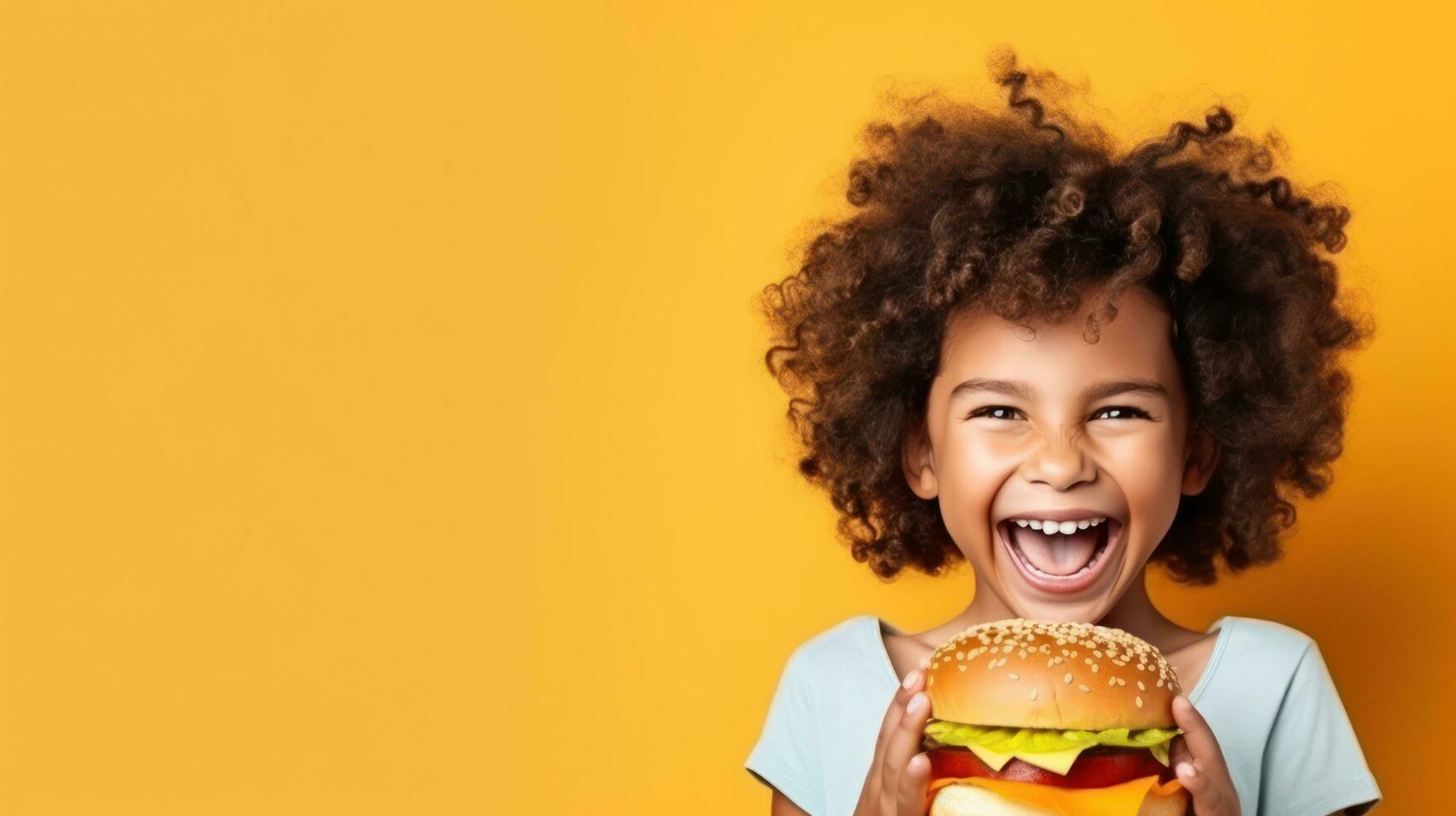 niña con grande hamburguesa foto