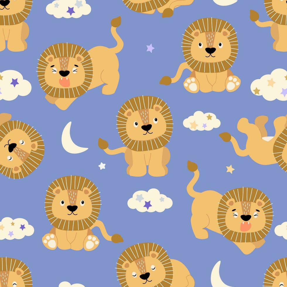 Seamless pattern with cartoon funny lions. Children's animal print. Vector graphics.